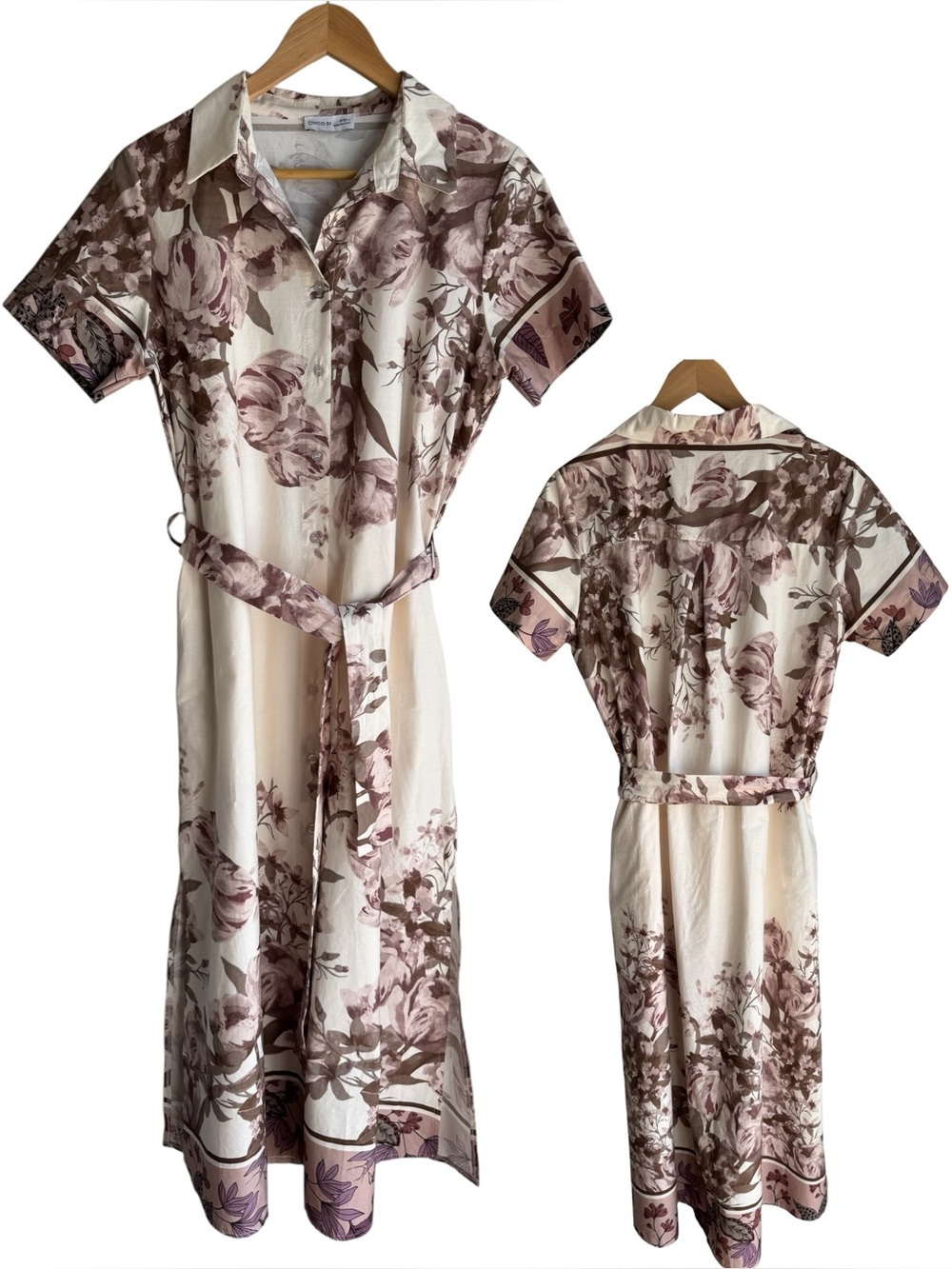 Civico 51 Floral Button Front Maxi Dress Sz L Cream Mauve A-Line Sundress Spring